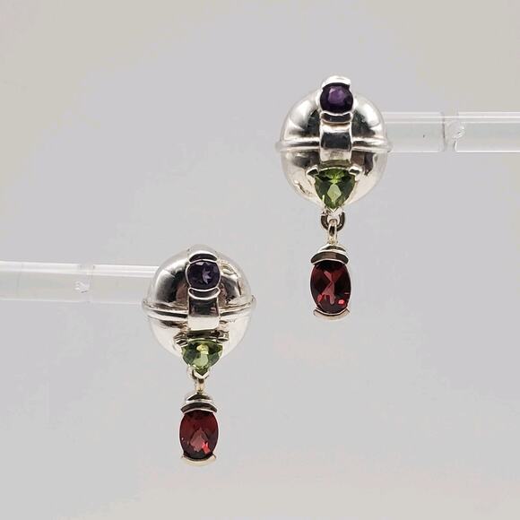 Vintage 925 Sterling Silver Multistone Post Earrings Amethyst Peridot Garnet - Picture 1 of 6